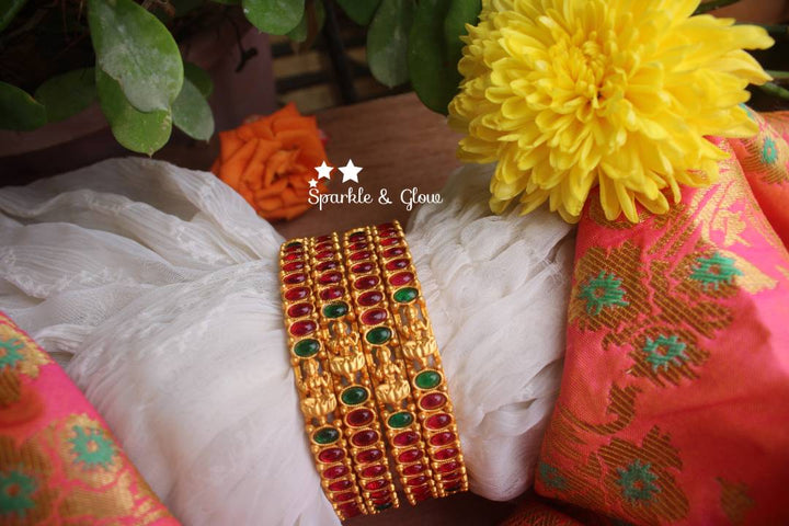 Matte polished lakshmi carved kemp stones bangles set of 4- 2.4