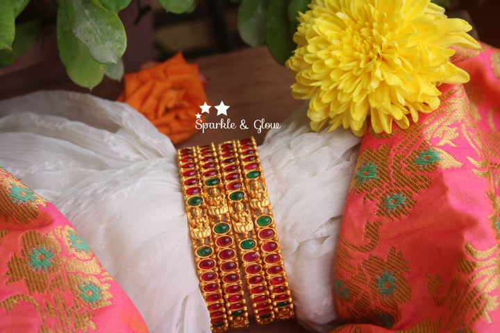 Matte polished lakshmi carved kemp stones bangles set of 4- 2.4