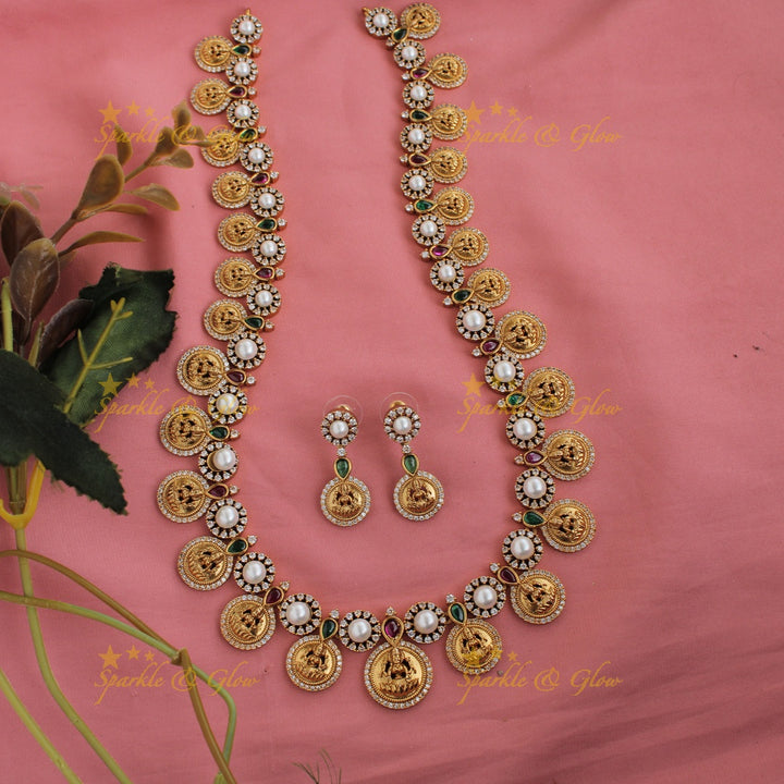 Premium matte Lakshmi coin haram with pearls and multi colour stones