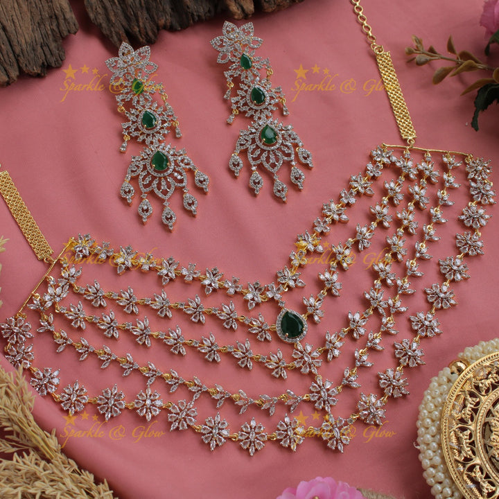 Sparkeling AD Multi layer floral short necklace with ruby - pink
