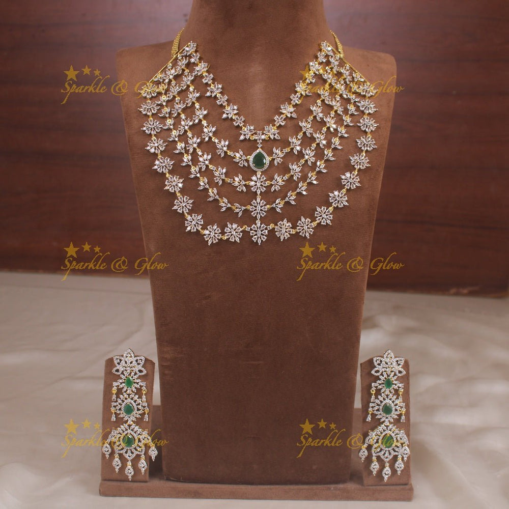 Sparkeling AD Multi layer floral short necklace with emerald - Sparkle and Glow - Back Thread - 