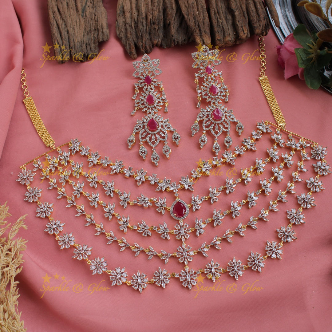 Sparkeling AD Multi layer floral short necklace with ruby - pink