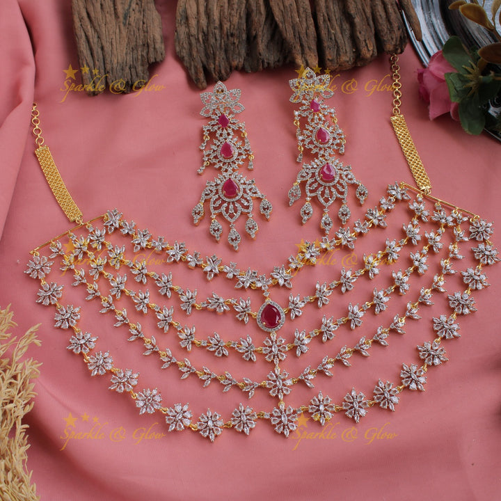 Sparkeling AD Multi layer floral short necklace with ruby - pink