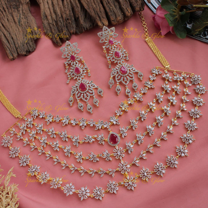 Sparkeling AD Multi layer floral short necklace with ruby - pink