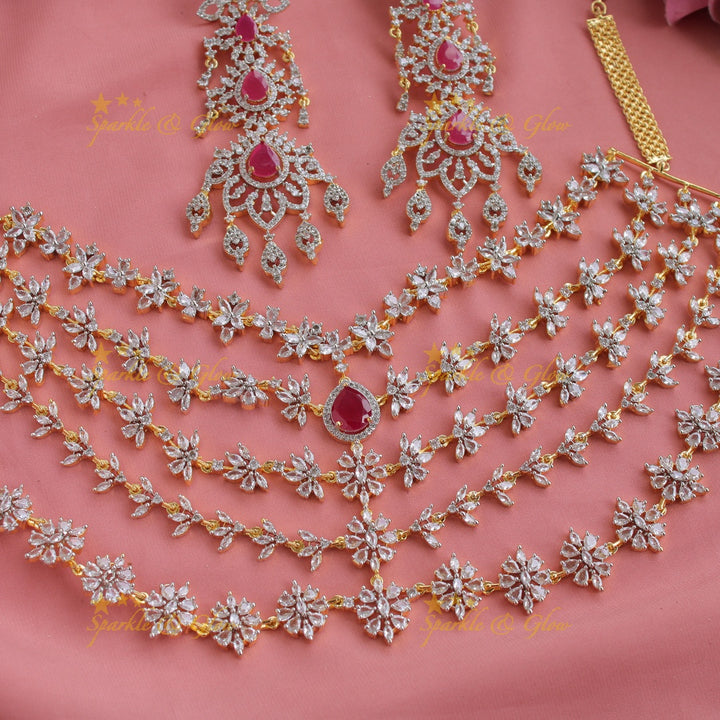 Sparkeling AD Multi layer floral short necklace with ruby - pink