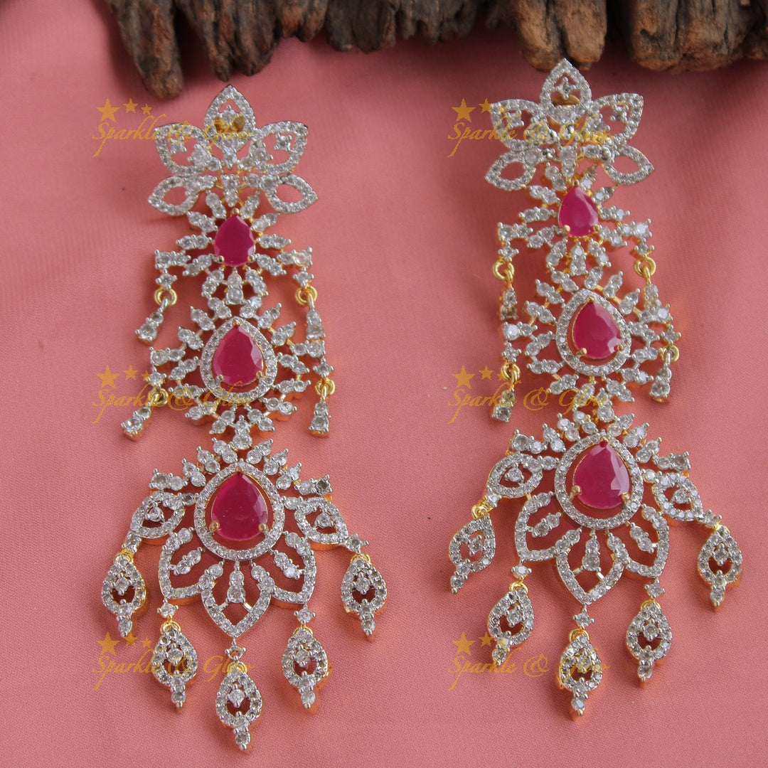Sparkeling AD Multi layer floral short necklace with ruby - pink