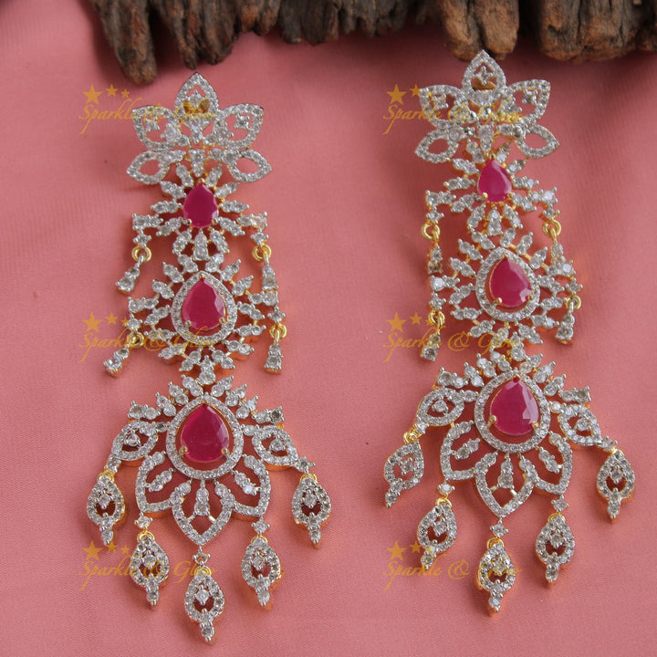 Sparkeling AD Multi layer floral short necklace with ruby - pink