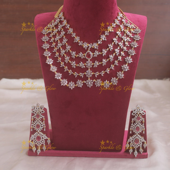 Sparkeling AD Multi layer floral short necklace with ruby - pink