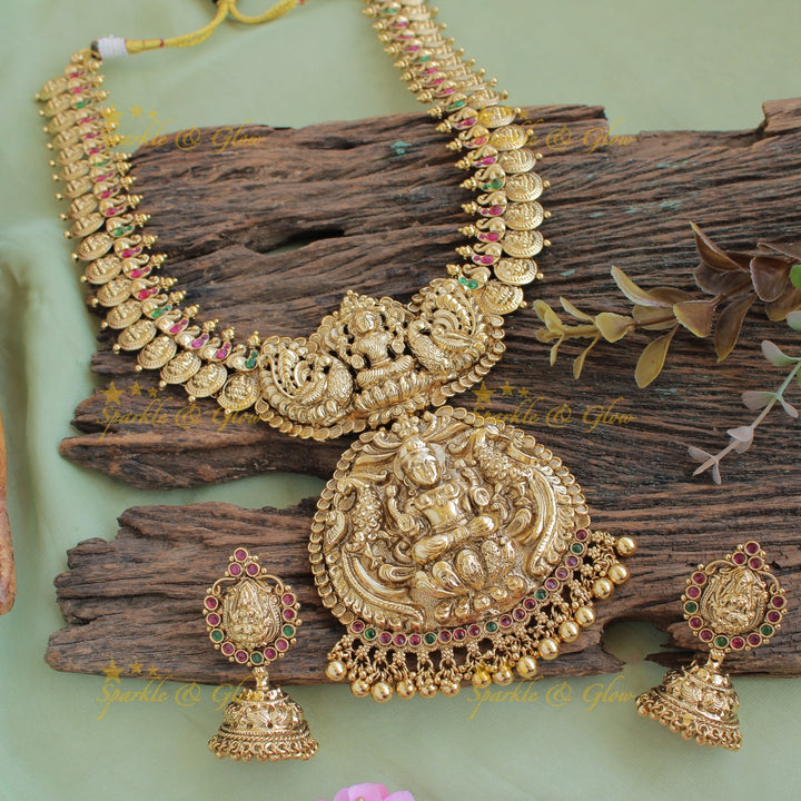 Exquisite Lakshmi peacock carved coin haram with ruby emerald and green beads
