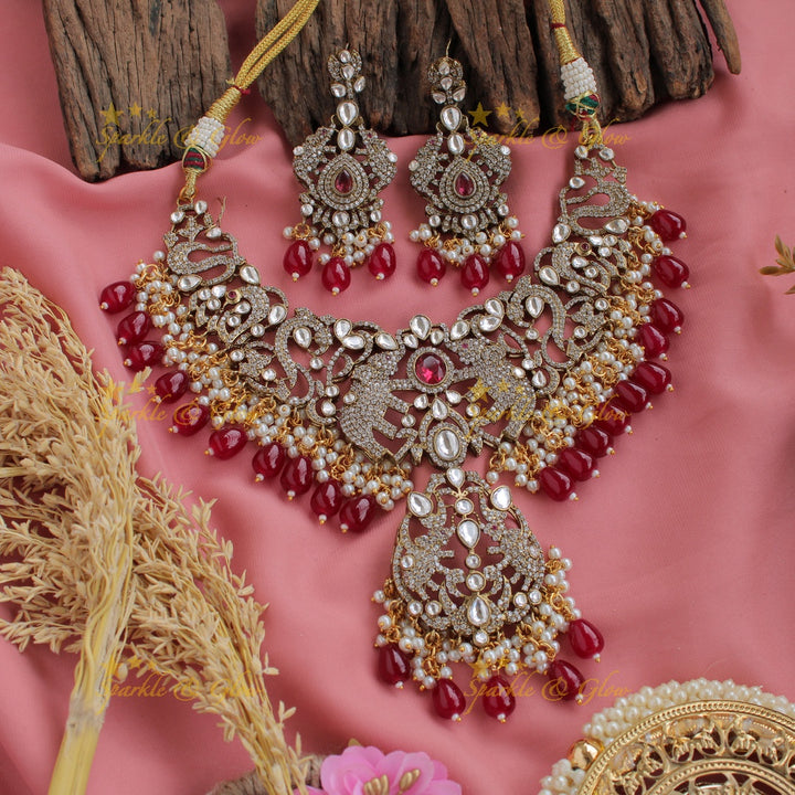Stunning elephant design victorian AD short necklace with pearls and red beads