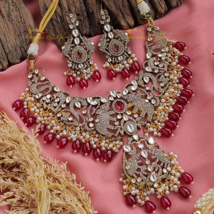 Stunning elephant design victorian AD short necklace with pearls and red beads