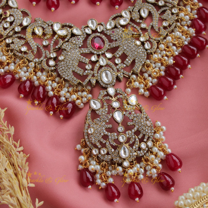 Stunning elephant design victorian AD short necklace with pearls and red beads