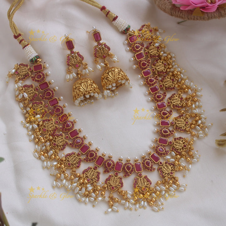 Statement Lakshmi coin gutta pusalu short necklace with ruby gold beads and rice pearls