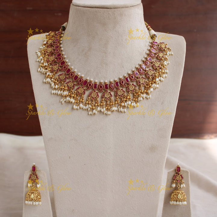 Statement Lakshmi coin gutta pusalu short necklace with ruby gold beads and rice pearls