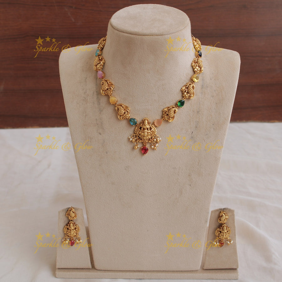 Elegant Gold alike Lakshmi peacock carved Navaratna short necklace - Sparkle and Glow