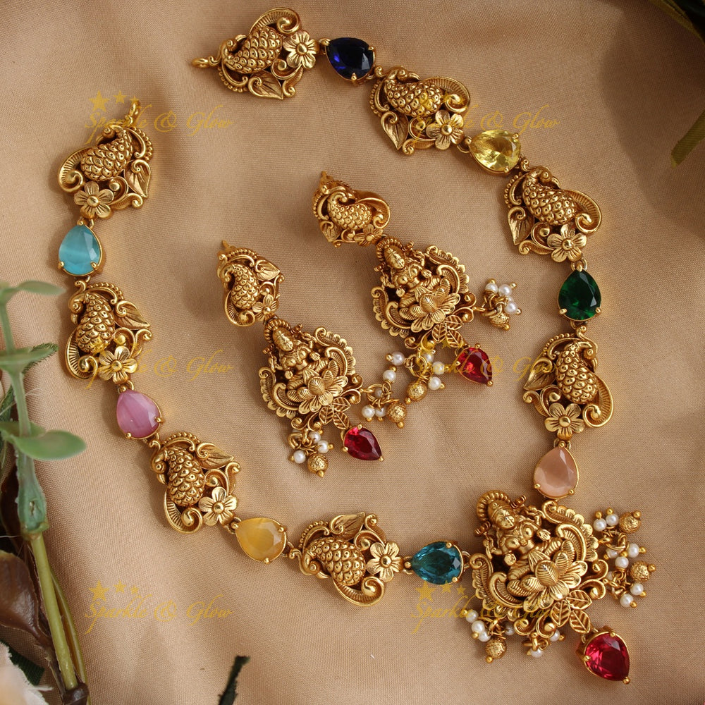 Elegant Gold alike Lakshmi peacock carved Navaratna short necklace - Sparkle and Glow