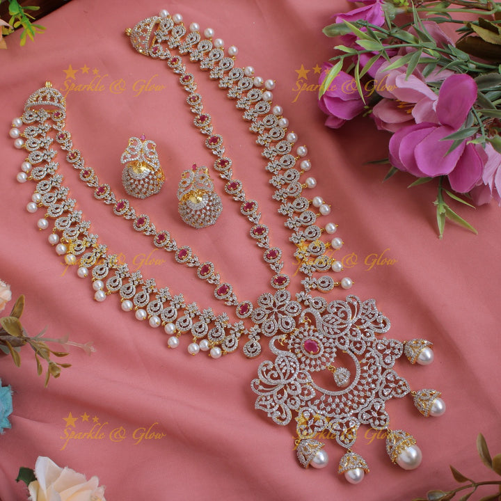Gorgeous Peacock floral design American diamond layer haram with pealrs ruby and jumuka drops