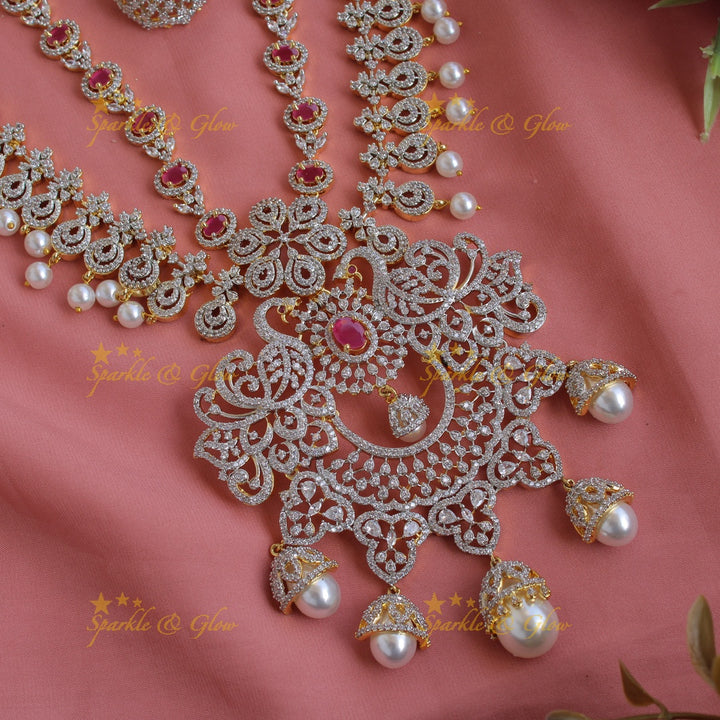 Gorgeous Peacock floral design American diamond layer haram with pealrs ruby and jumuka drops