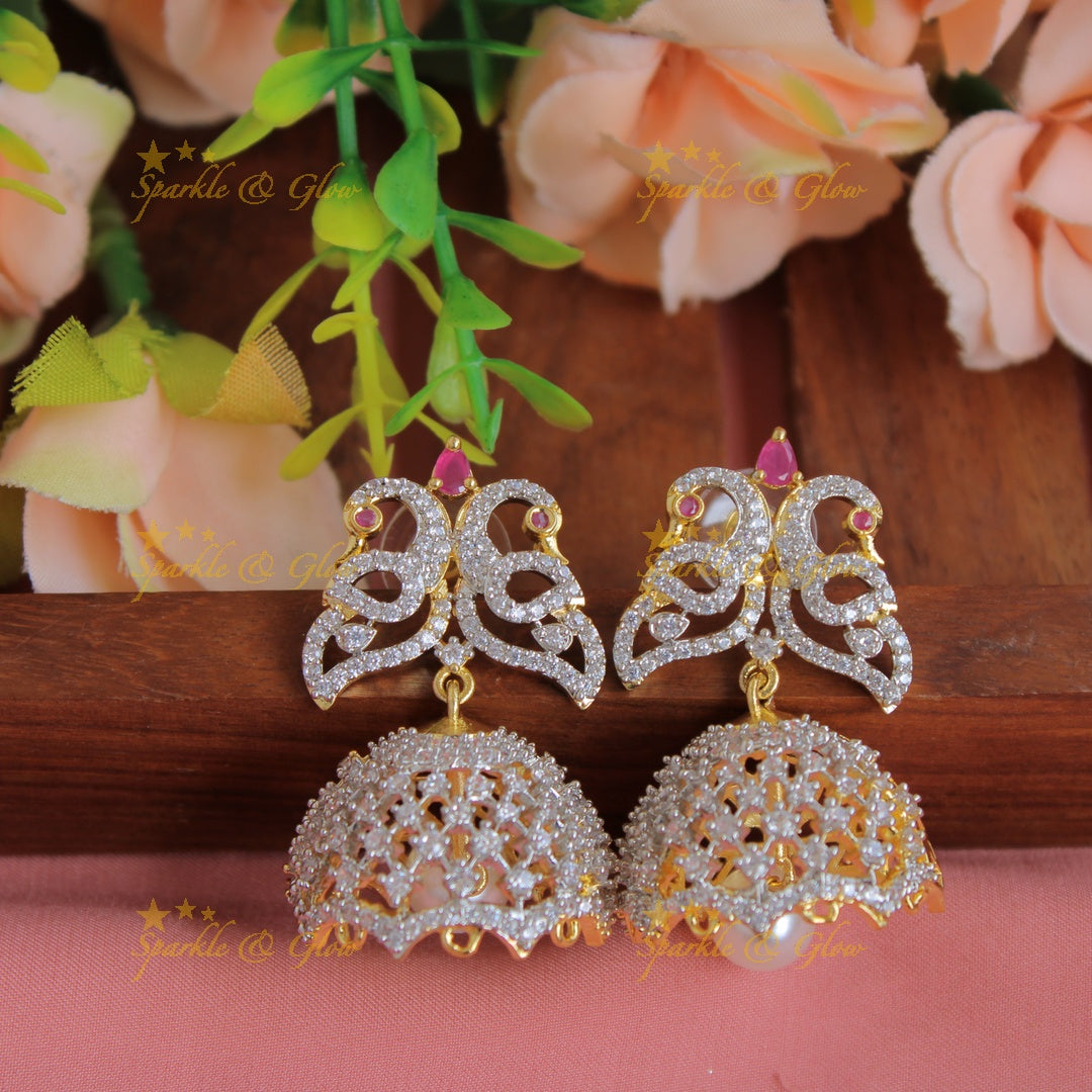 Gorgeous Peacock floral design American diamond layer haram with pealrs ruby and jumuka drops