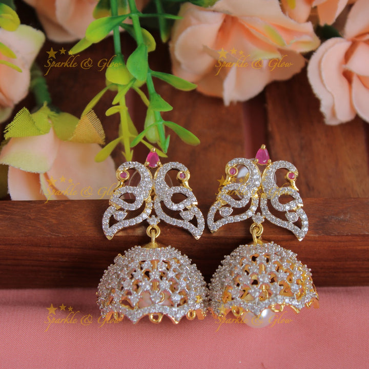 Gorgeous Peacock floral design American diamond layer haram with pealrs ruby and jumuka drops