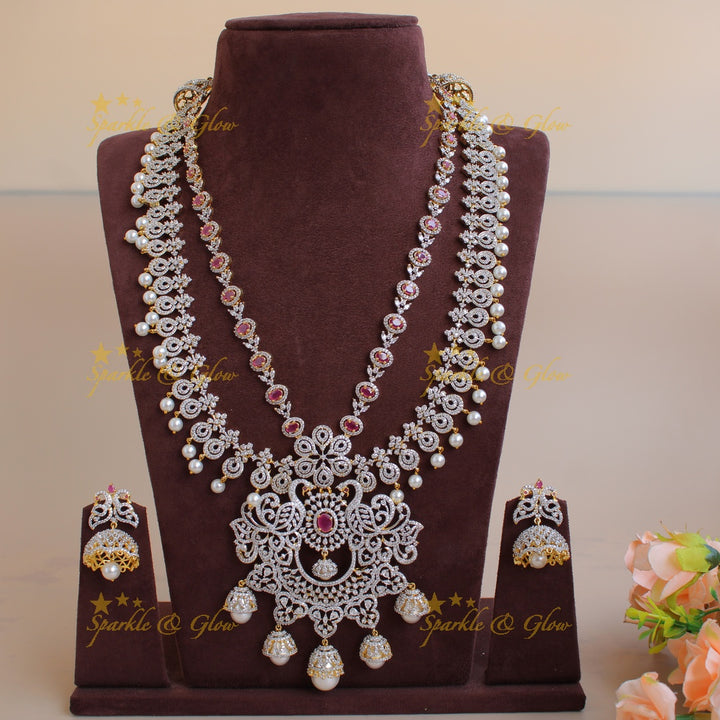 Gorgeous Peacock floral design American diamond layer haram with pealrs ruby and jumuka drops