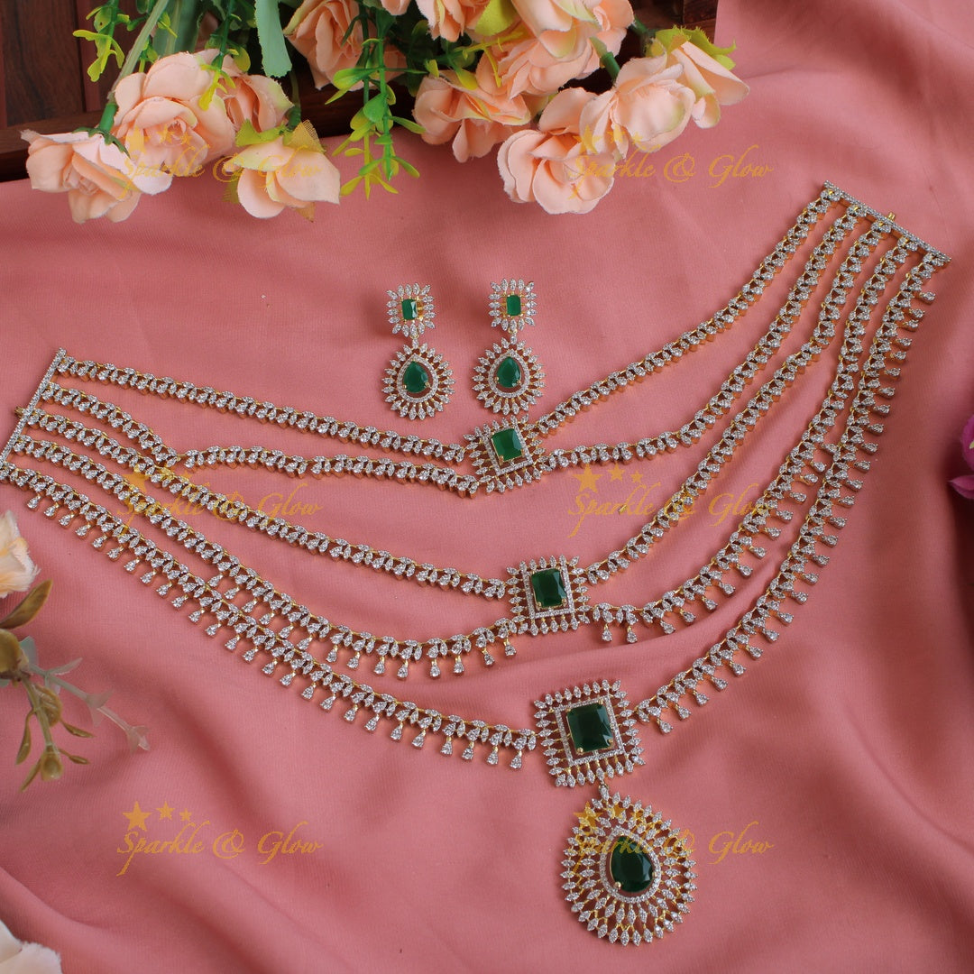Sparkling Flower water drop design American diamond layer haram with ruby - pink