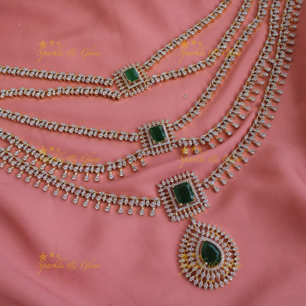 Sparkling Flower water drop design American diamond layer haram with emerald - Sparkle and Glow - Back Thread - 