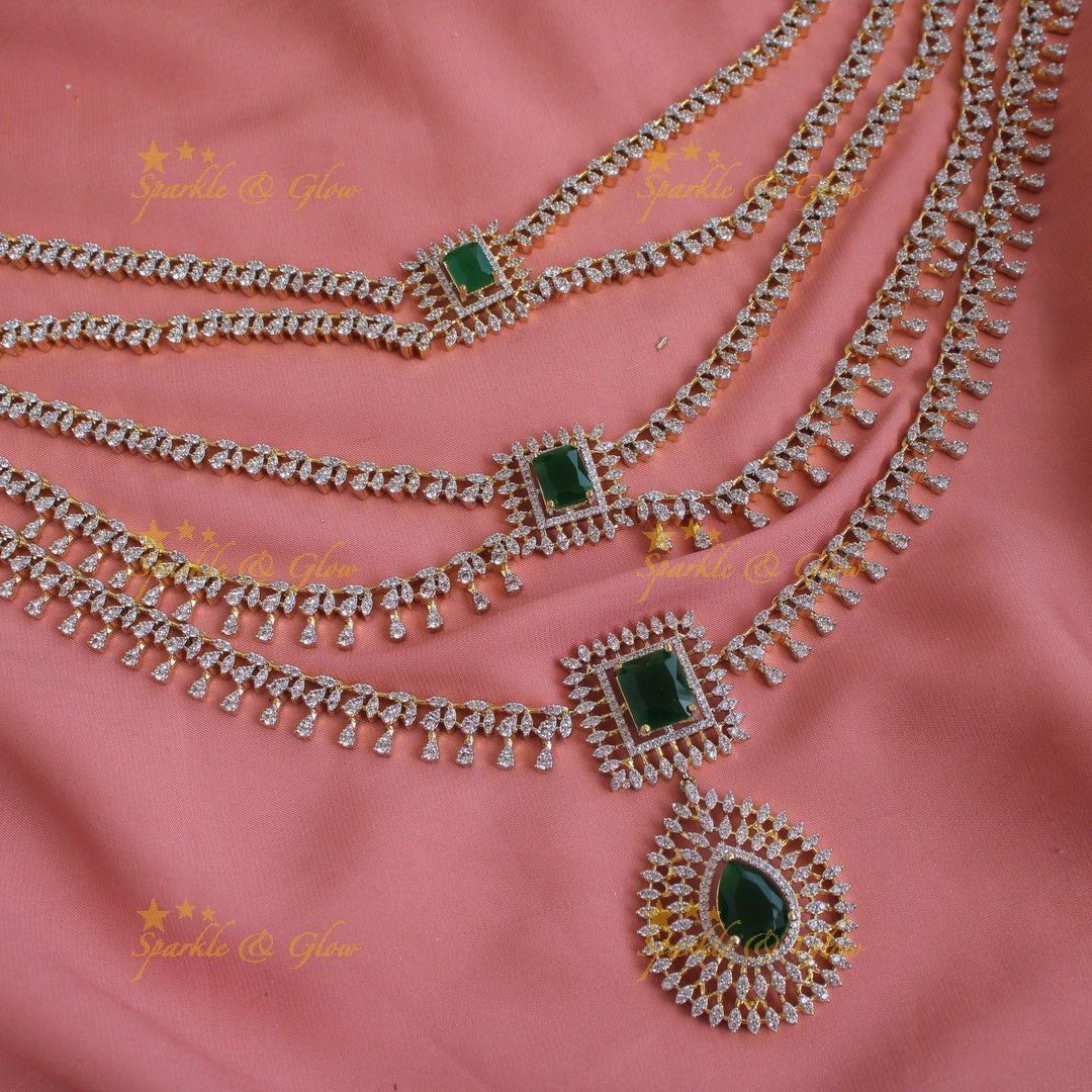 Sparkling Flower water drop design American diamond layer haram with emerald - Sparkle and Glow - Back Thread - 