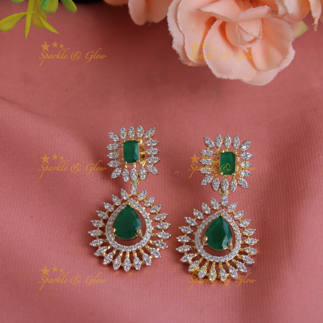 Sparkling Flower water drop design American diamond layer haram with emerald - Sparkle and Glow - Back Thread - 