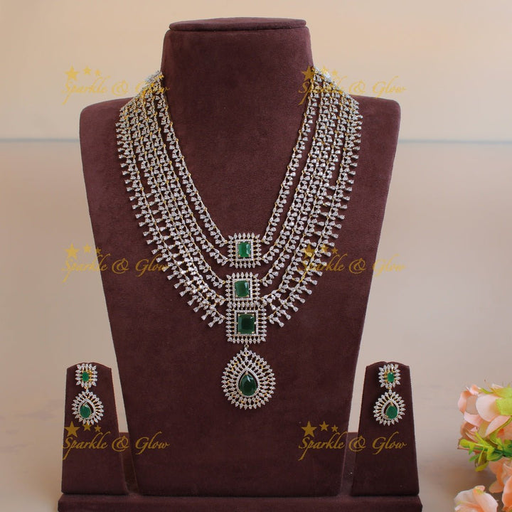 Sparkling Flower water drop design American diamond layer haram with emerald - Sparkle and Glow - Back Thread - 