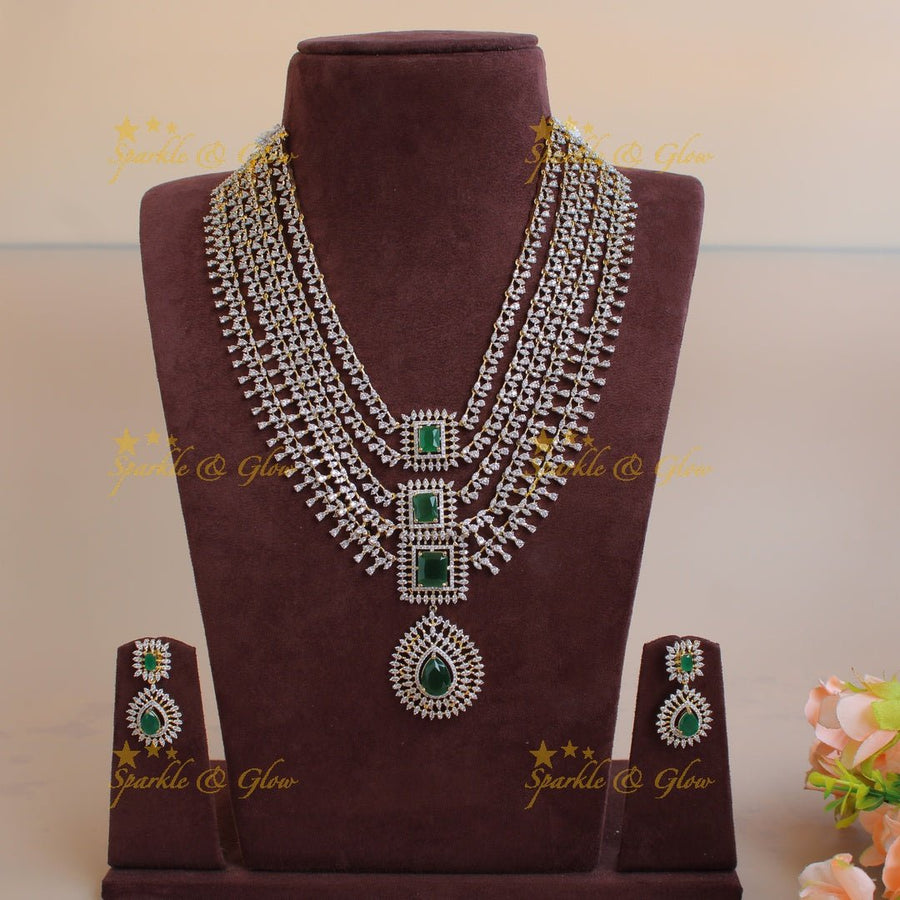 Sparkling Flower water drop design American diamond layer haram with emerald - Sparkle and Glow - Back Thread - 