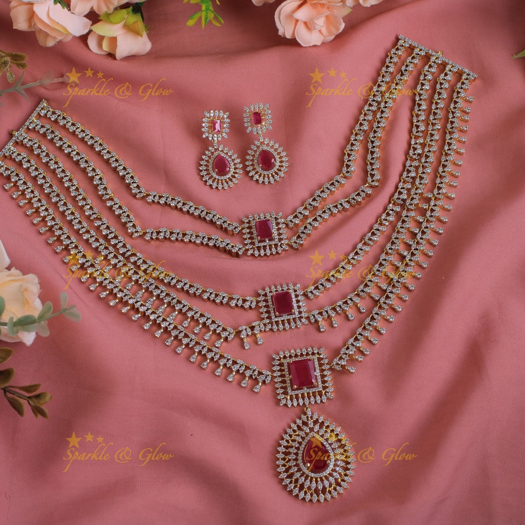 Sparkling Flower water drop design American diamond layer haram with ruby - pink