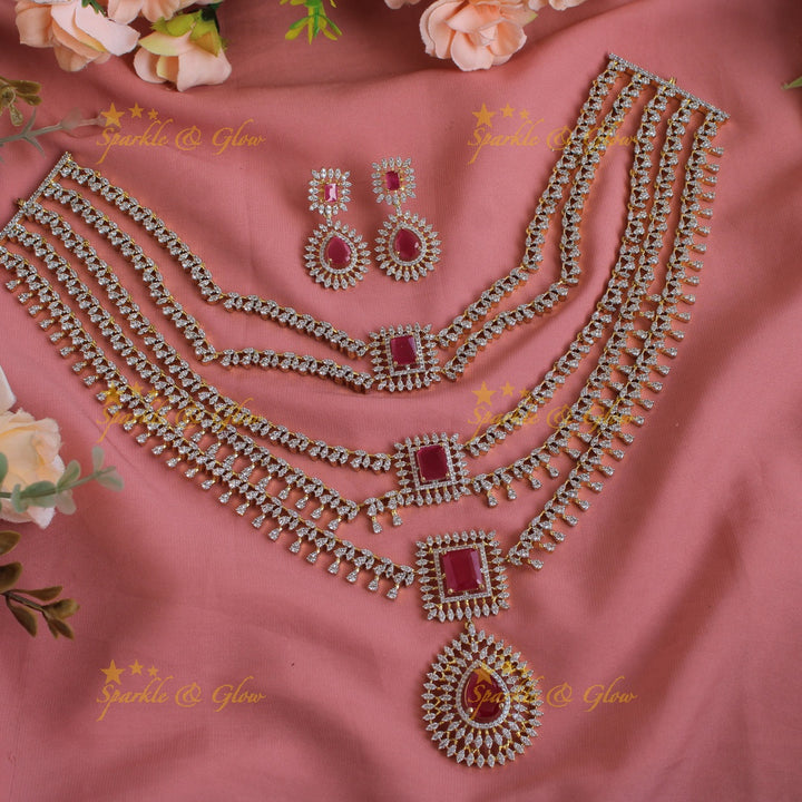 Sparkling Flower water drop design American diamond layer haram with ruby - pink