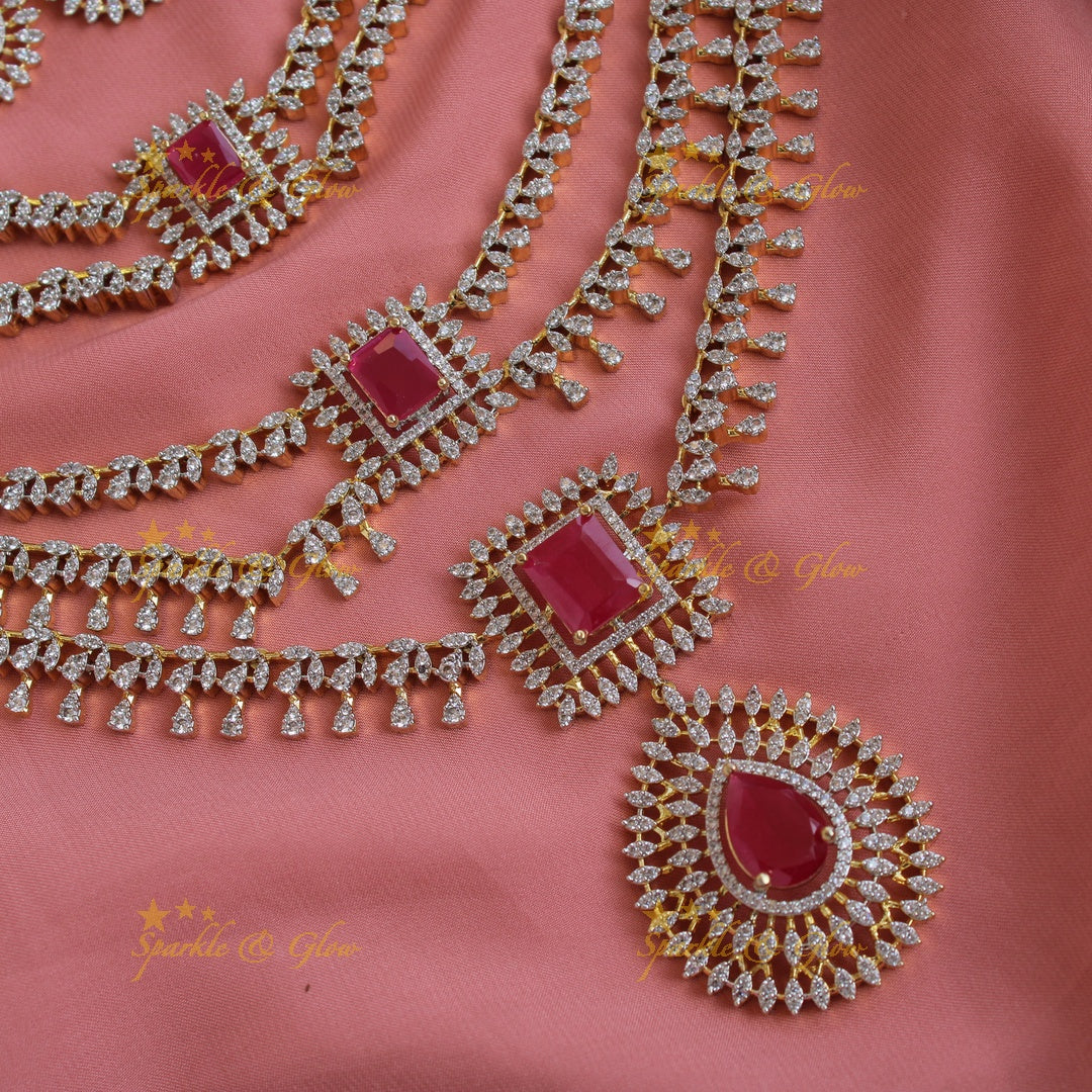 Sparkling Flower water drop design American diamond layer haram with ruby - pink