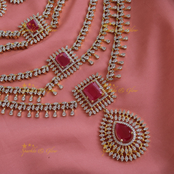 Sparkling Flower water drop design American diamond layer haram with ruby - pink