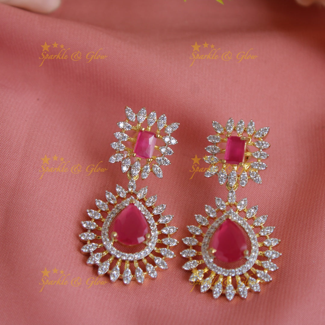 Sparkling Flower water drop design American diamond layer haram with ruby - pink