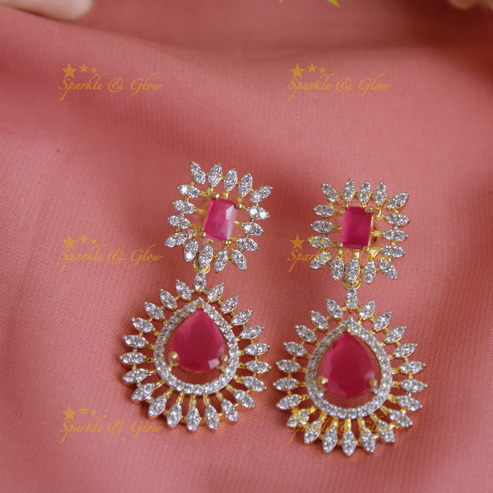 Sparkling Flower water drop design American diamond layer haram with ruby - pink