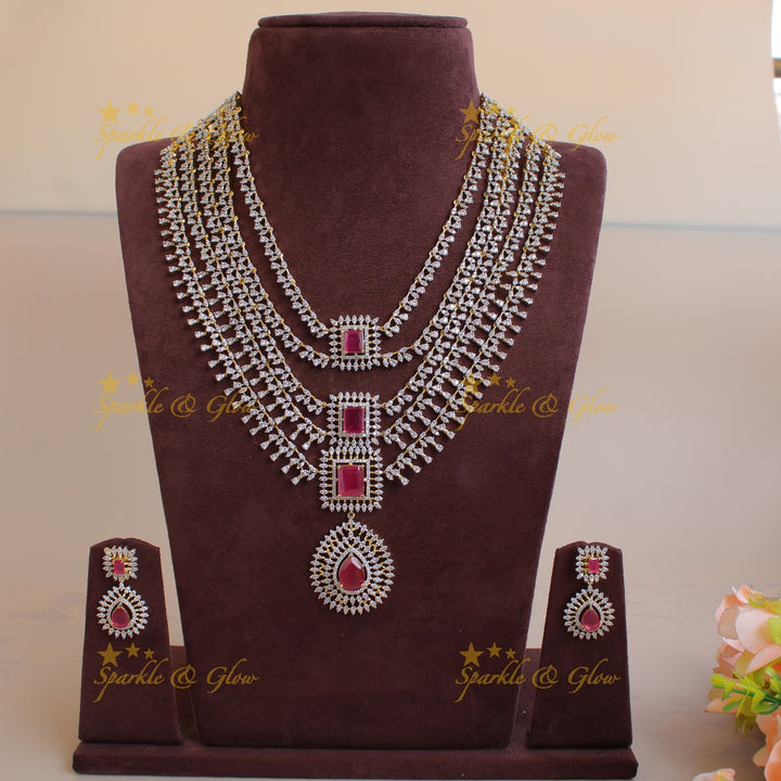 Sparkling Flower water drop design American diamond layer haram with ruby - pink