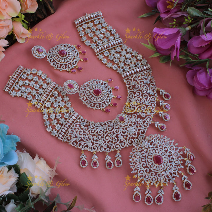 Grand intricate floral design bridal American diamond long necklace with emerald drops - green