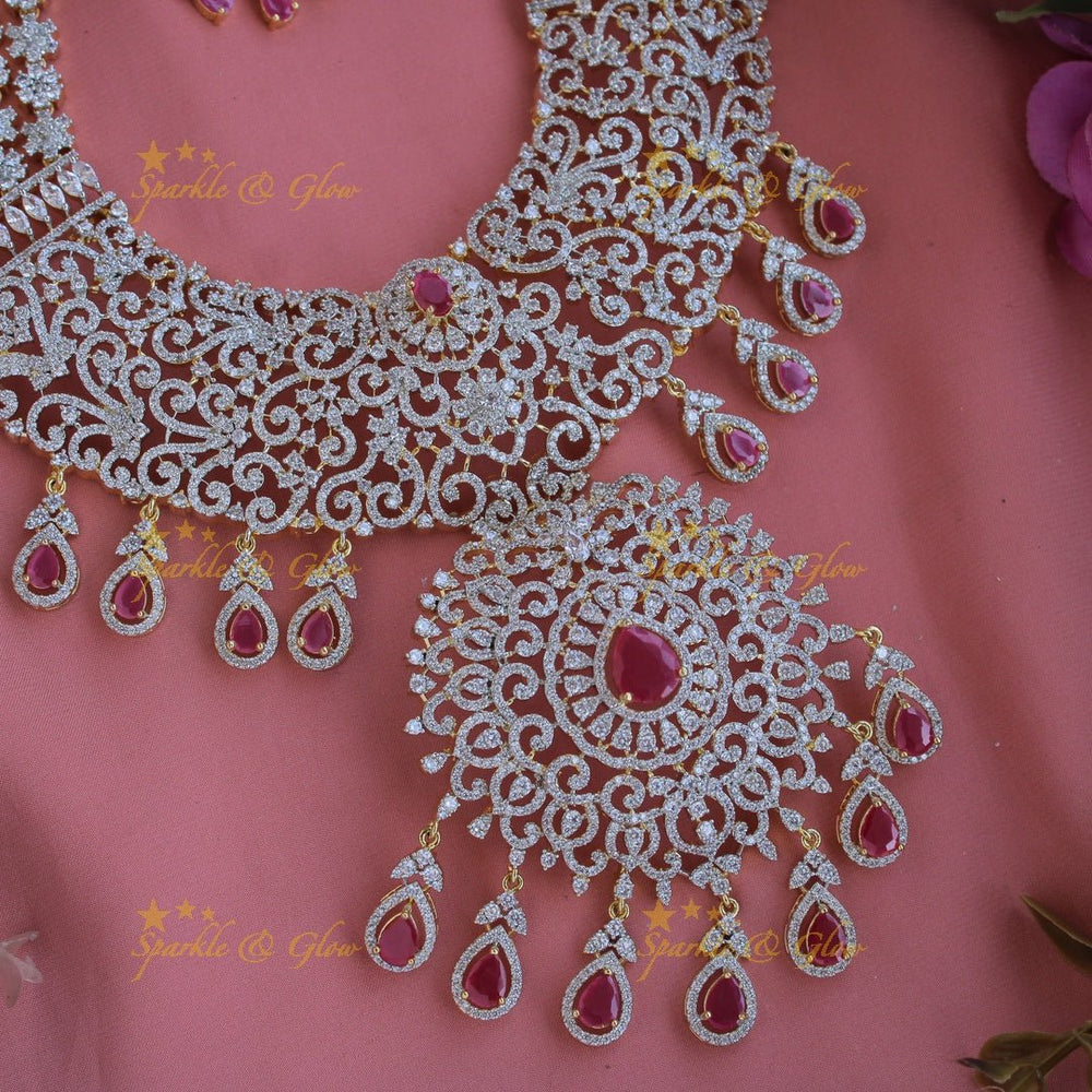Grand intricate floral design bridal American diamond long necklace with ruby drops - Sparkle and Glow - Back Thread - 