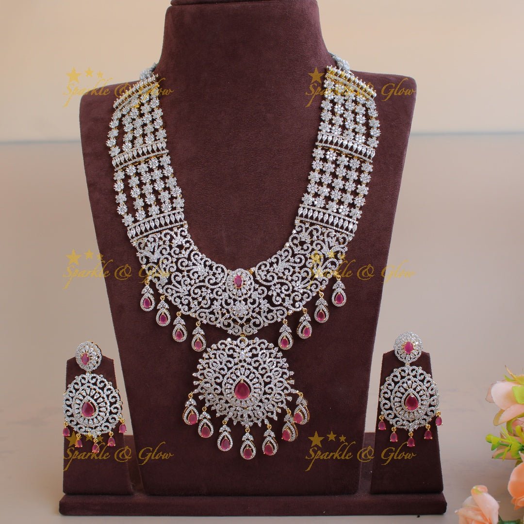 Grand intricate floral design bridal American diamond long necklace with ruby drops - Sparkle and Glow - Back Thread - 