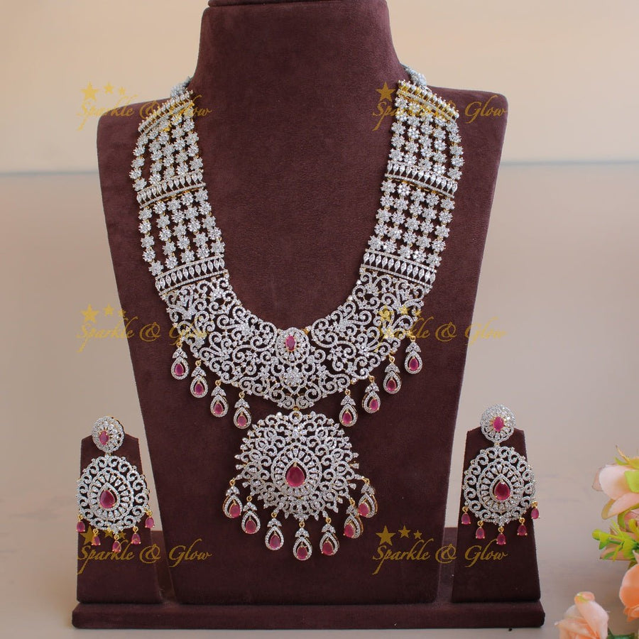 Grand intricate floral design bridal American diamond long necklace with ruby drops - Sparkle and Glow - Back Thread - 