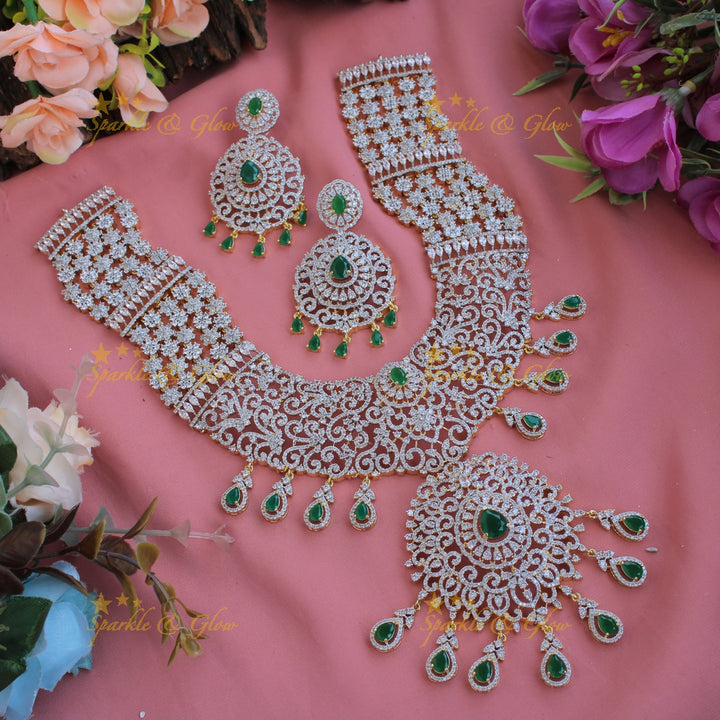 Grand intricate floral design bridal American diamond long necklace with emerald drops - green