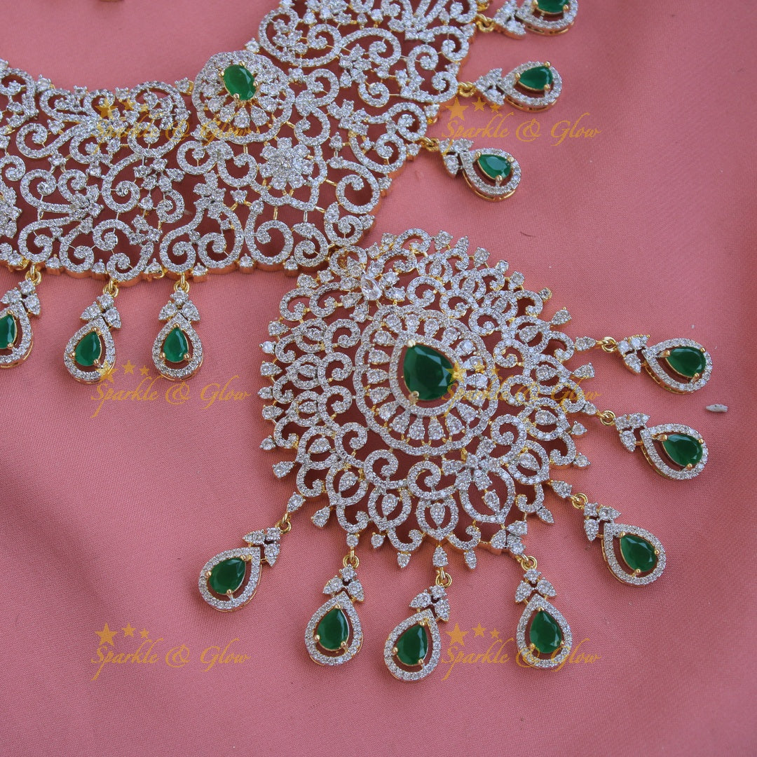 Grand intricate floral design bridal American diamond long necklace with emerald drops - green