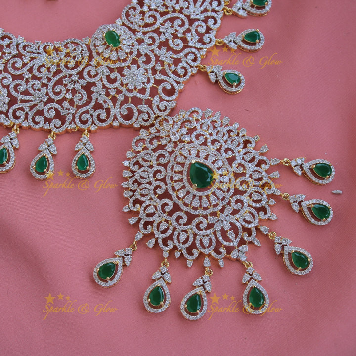 Grand intricate floral design bridal American diamond long necklace with emerald drops - green