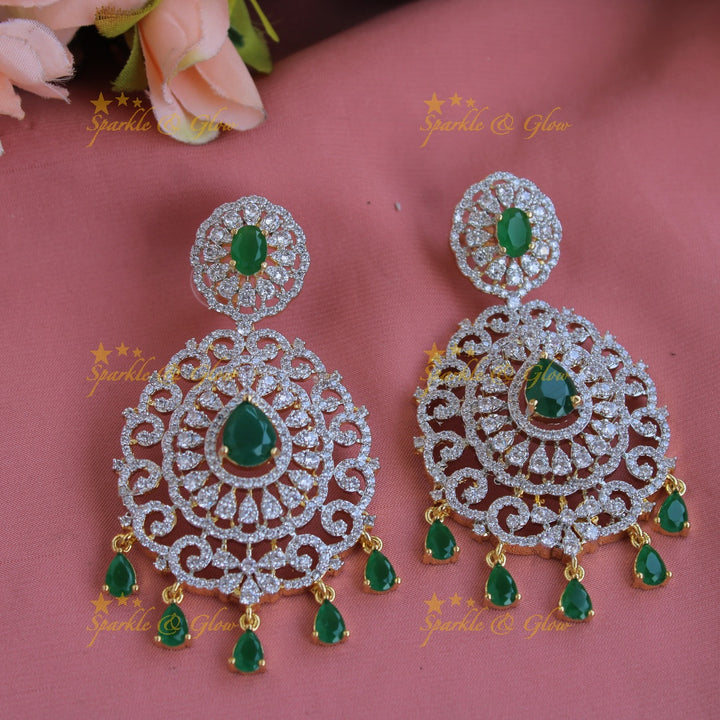 Grand intricate floral design bridal American diamond long necklace with emerald drops - green