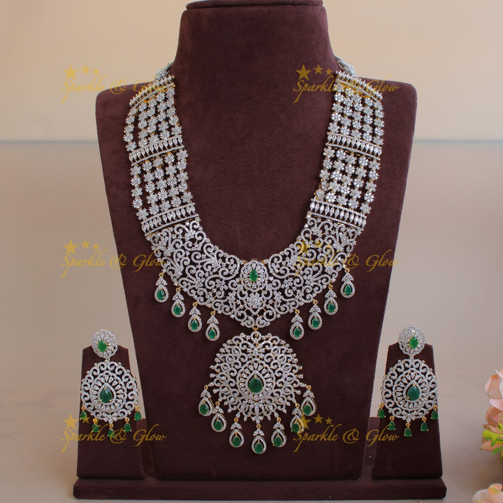 Grand intricate floral design bridal American diamond long necklace with emerald drops - green
