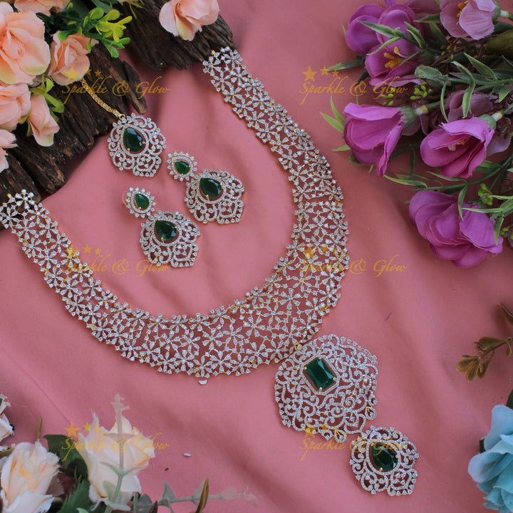 Exclusive floral design American diamond long necklace with ruby with maang tikka - pink