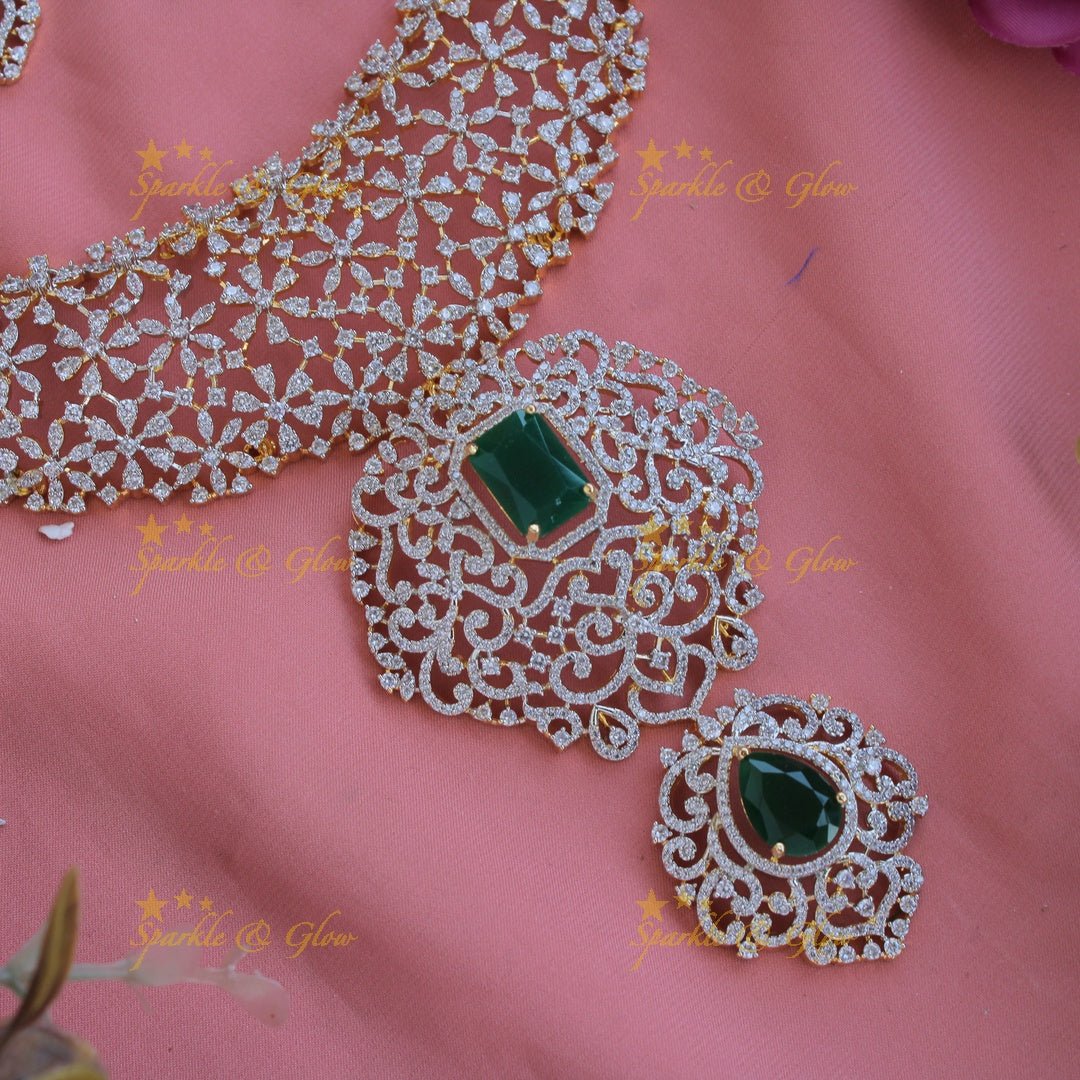 Exclusive floral design American diamond long necklace with emerald with maang tikka - Sparkle and Glow - Back Thread - 