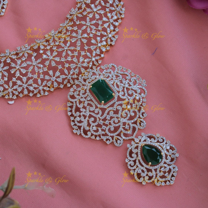 Exclusive floral design American diamond long necklace with emerald with maang tikka - Sparkle and Glow - Back Thread - 